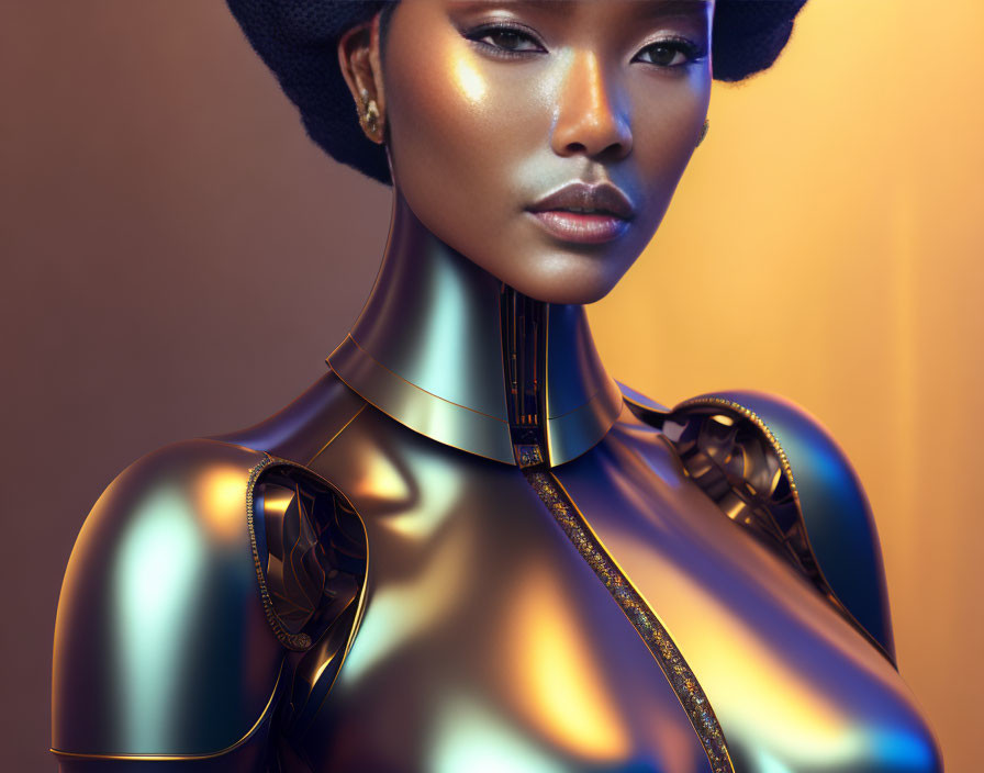 Stylized digital artwork: Metallic-skinned woman in black beret