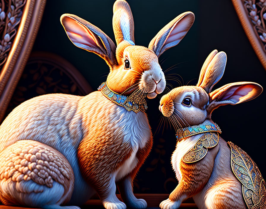 Ornately Decorated Rabbits with Intricate Collars on Dark Background