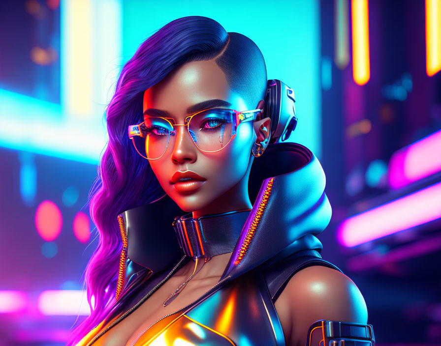 Digital portrait of woman with blue-purple hair, futuristic glasses, headphones, neon background