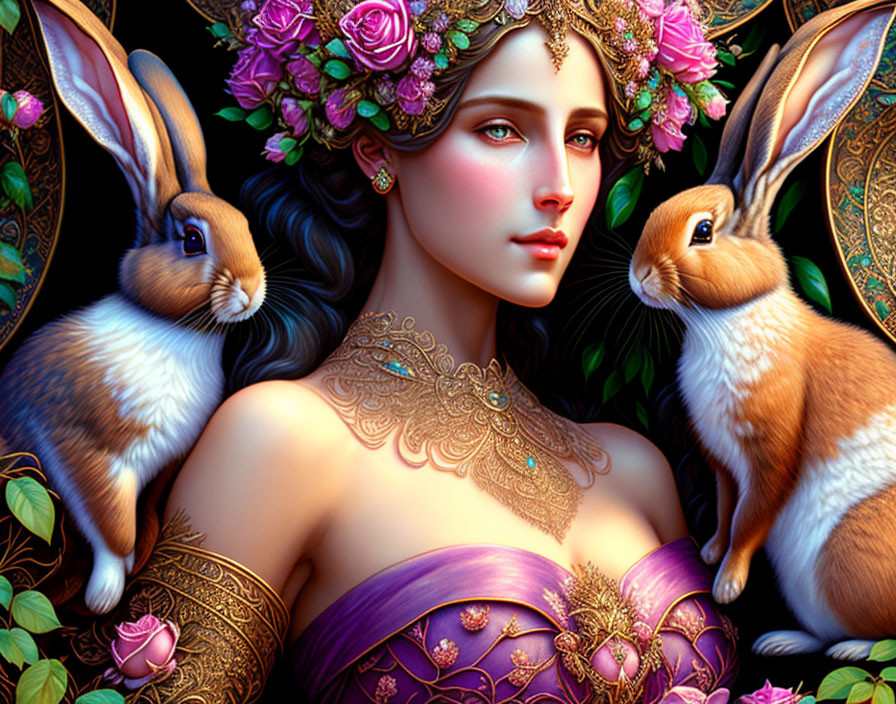 Fantastical portrait of woman with floral and golden ornaments and rabbits against dark backdrop