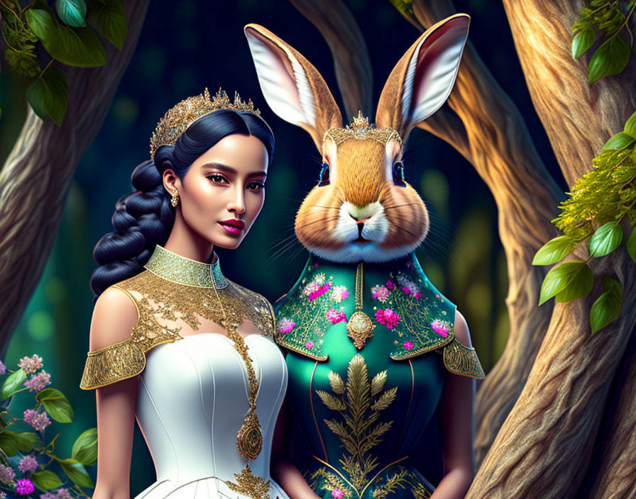 Digital illustration of woman with crown and anthropomorphic rabbit in elegant attire against forest backdrop.