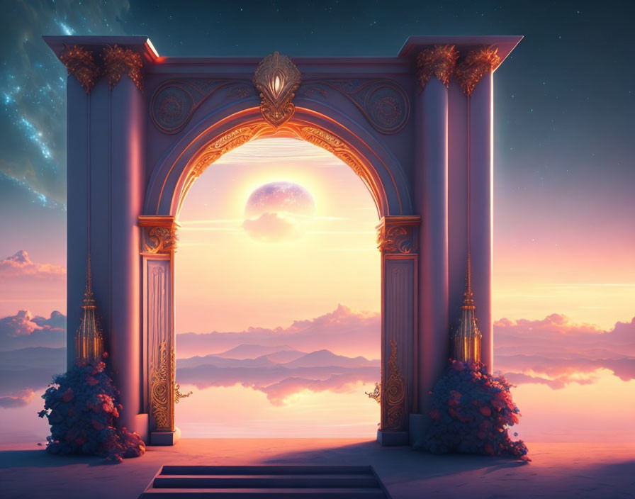 Classical archway frames surreal celestial view