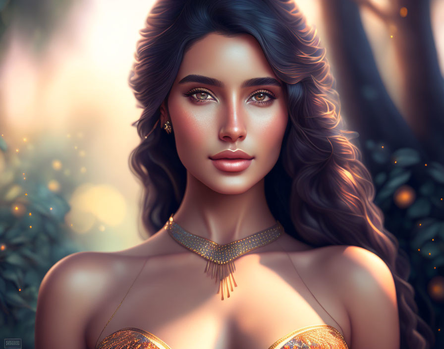 Digital artwork: Woman with wavy hair, green eyes, gold jewelry, forest background