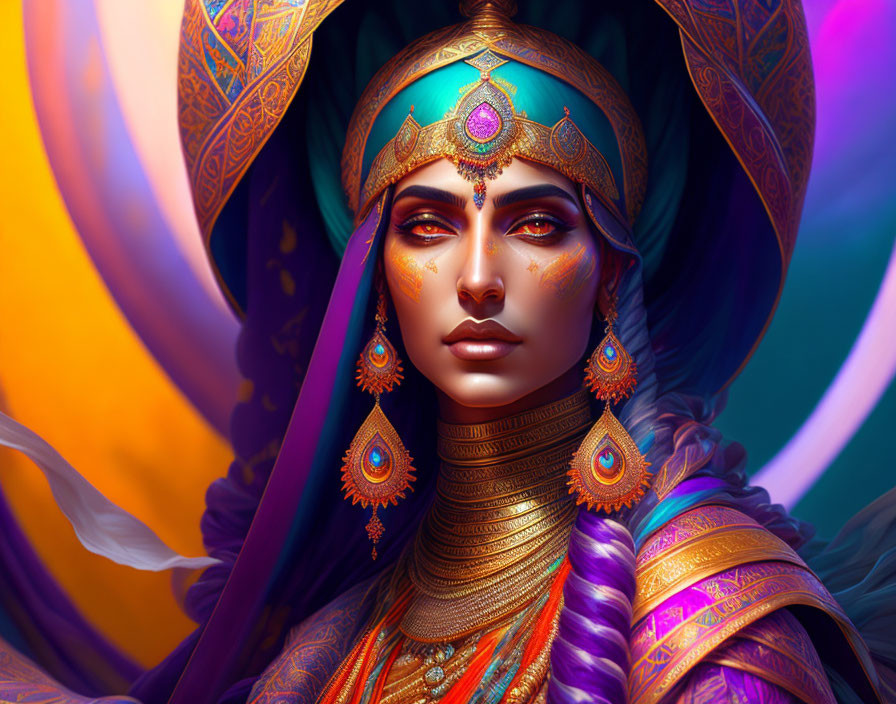 Intricate jewelry and traditional headgear on vibrant woman portrait