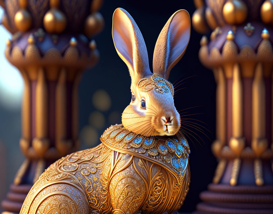 Golden ornate rabbit statue between dark ornamental pillars