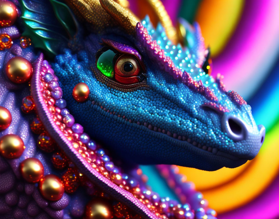 Colorful Bejeweled Dragon on Rainbow Background