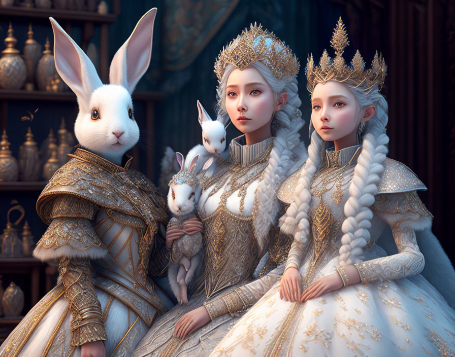 Regal individuals in ornate attire with rabbits in luxurious interior