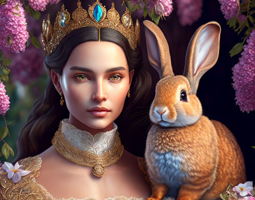 Regal woman with golden crown and rabbit in pink flower background