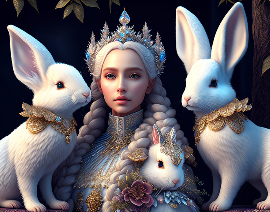 Woman with icy-blue eyes and ornate crown beside white rabbits with gold collars