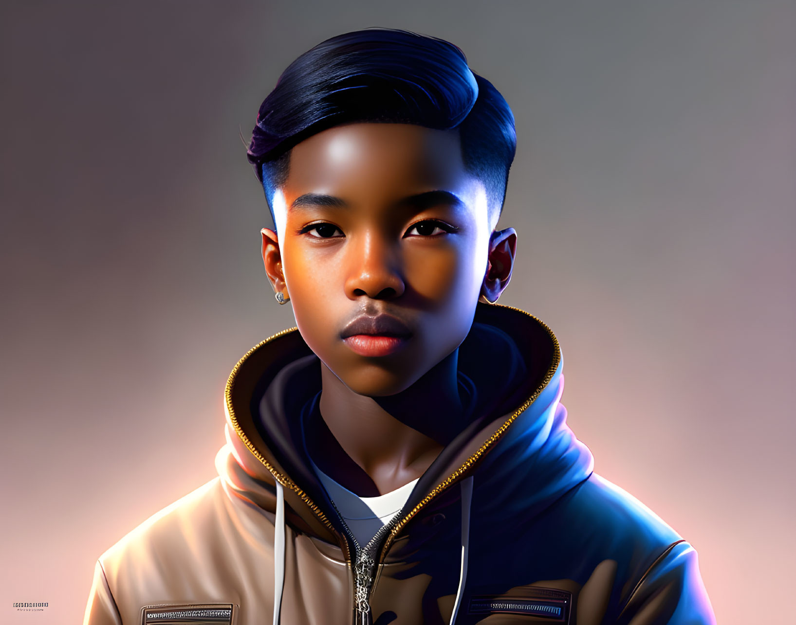 Young boy in stylish haircut, jacket, and headphones in digital artwork