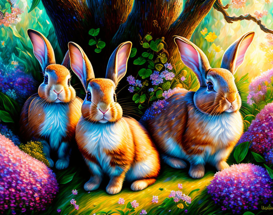 Colorful rabbits in purple flower field near luminous forest