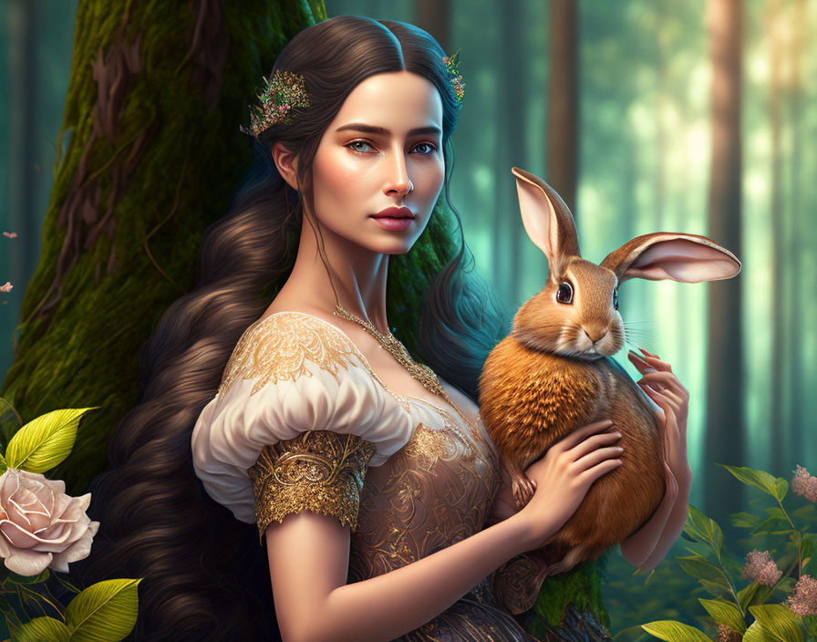 Woman in ornate dress with rabbit in ethereal forest setting