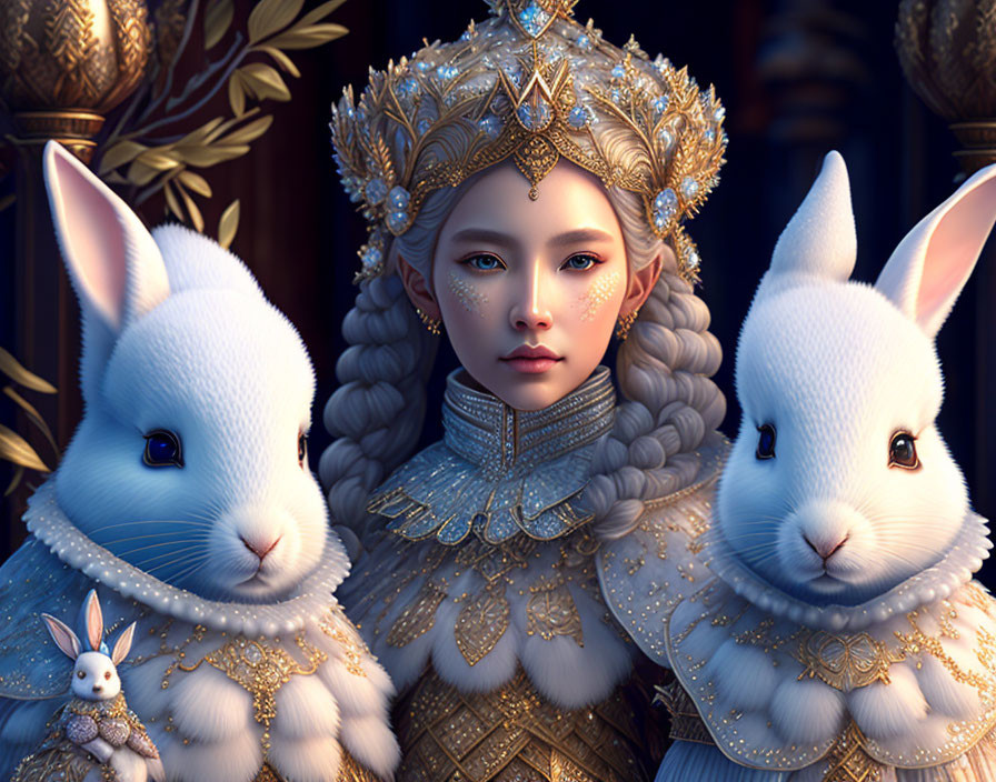 Regal woman with golden crown and rabbits on dark backdrop