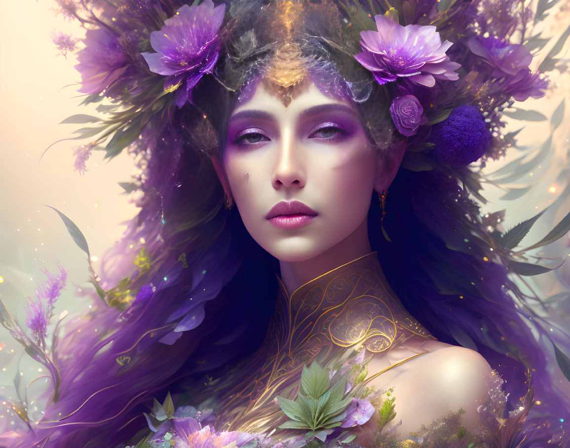 Portrait of Woman with Violet Flowers and Gold Adornments