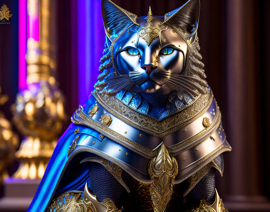 Ornate Armored Cat Figure in Blue Cape on Regal Purple Background