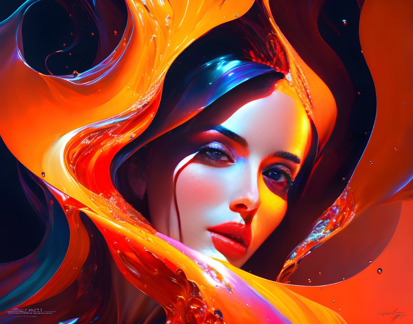 Colorful digital artwork: Woman's face with dynamic shapes in orange, red, and blue.