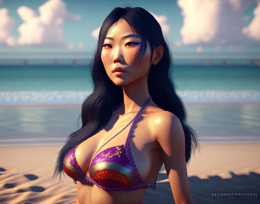 3D-rendered image of Asian woman in purple bikini on beach with bridge and cloudy sky