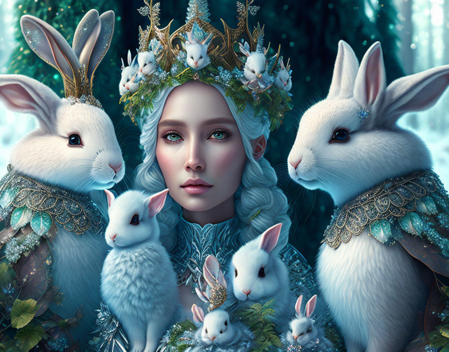 Woman with ornate crown and white rabbits in magical forest.