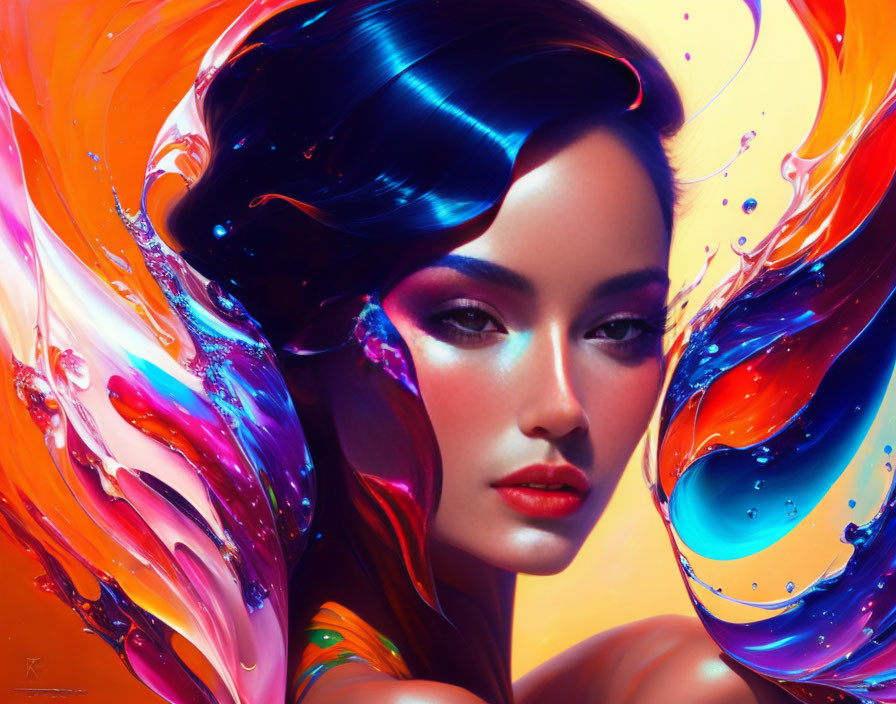 Vibrant digital portrait of a woman with swirling ink-like colors