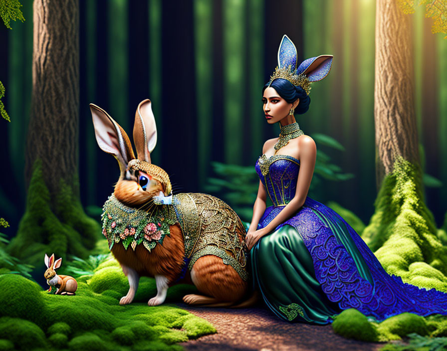 Woman in elegant blue dress with rabbit ears next to large rabbit in forest setting