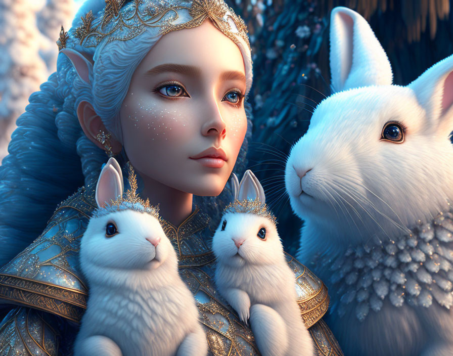 Ethereal woman with golden headgear and white rabbits in frosty blue scene