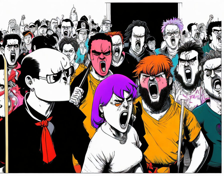 Colorful illustration: diverse crowd showing shock, anger, surprise