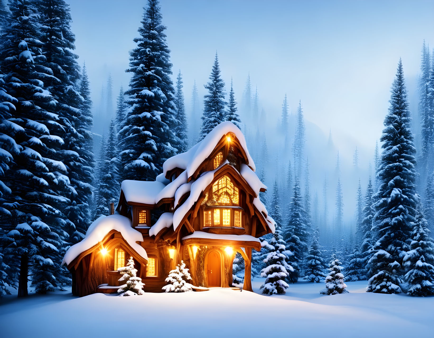 Snow-covered cabin in serene winter landscape at dusk