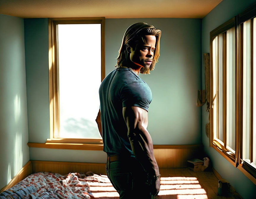 Long-haired man in sunlit room with bed and windows casting shadows