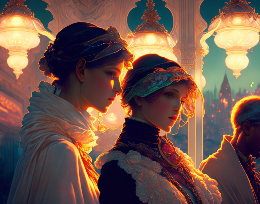 Vintage clothing worn by two women under warm streetlights, set against a gothic cityscape.