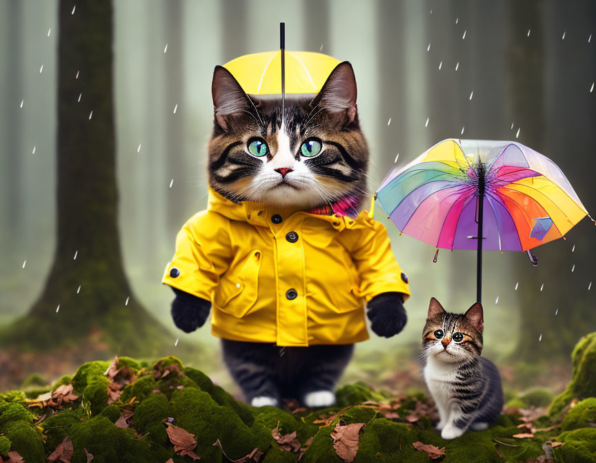 Two cats with umbrellas in misty forest