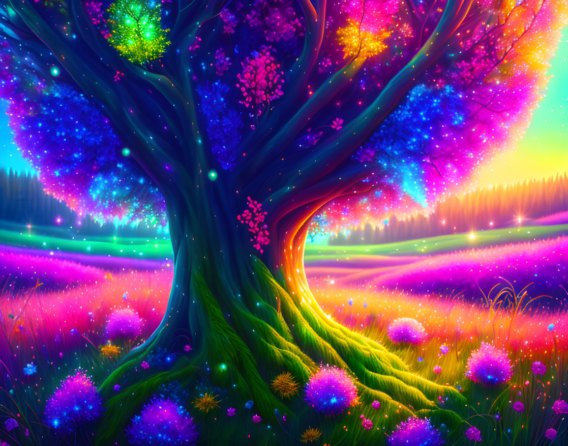 Colorful Fantasy Landscape with Glowing Tree and Meadow