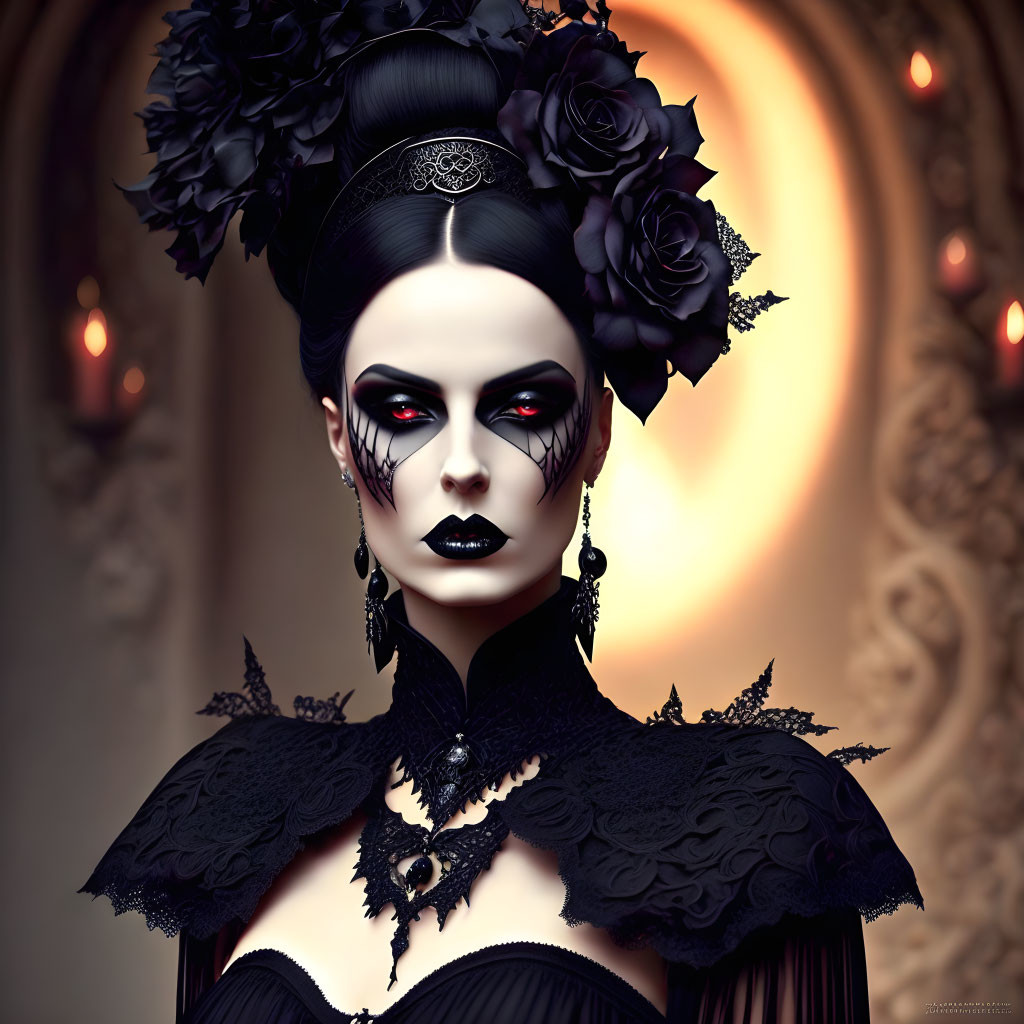 Gothic makeup and attire against ornate background