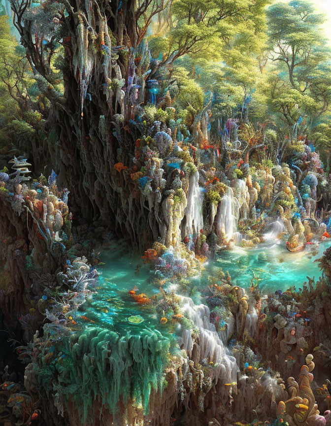 Fantastical Landscape with Ancient Tree and Waterfalls