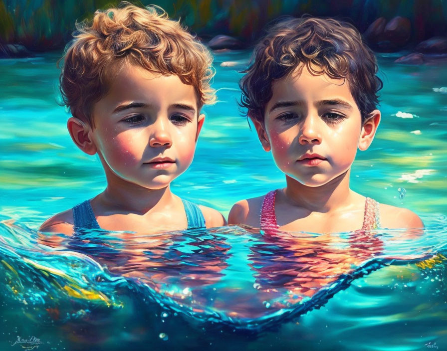 Children with wet hair in water with reflections and ripples.