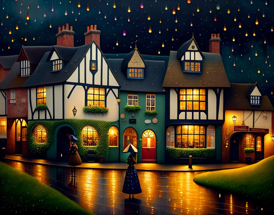 Cozy houses on rainy night with people and umbrellas under streetlights