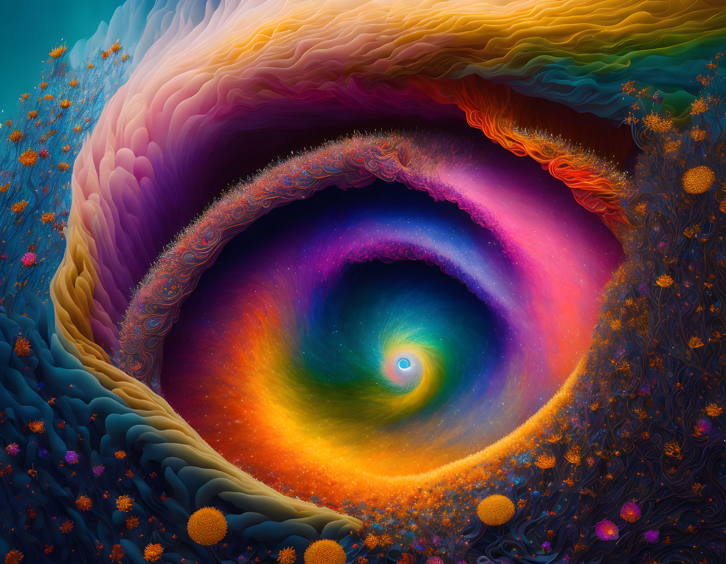 Abstract swirling vortex with vibrant colors and floral textures.