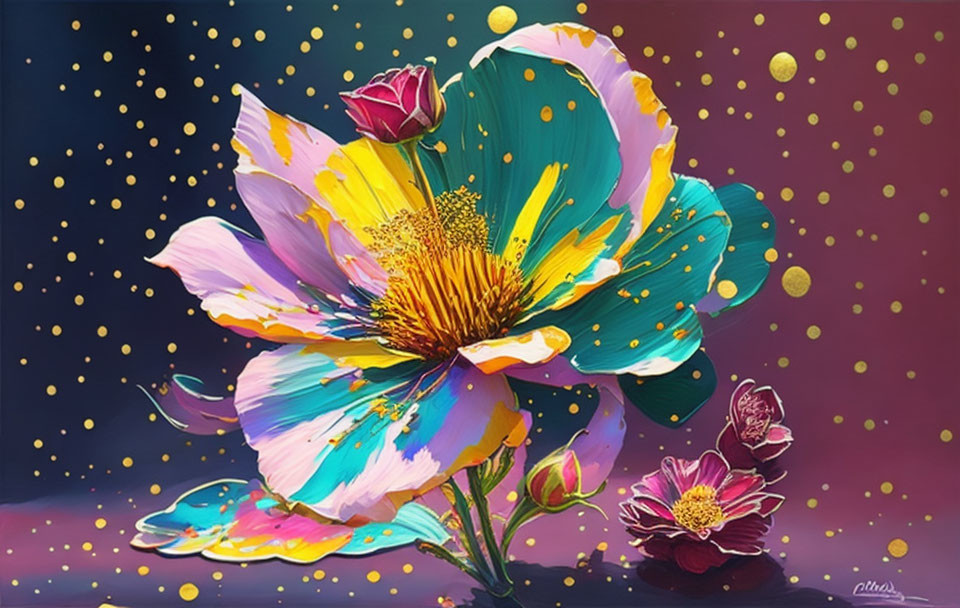 Colorful stylized flower painting on purple and pink background with gold speckles