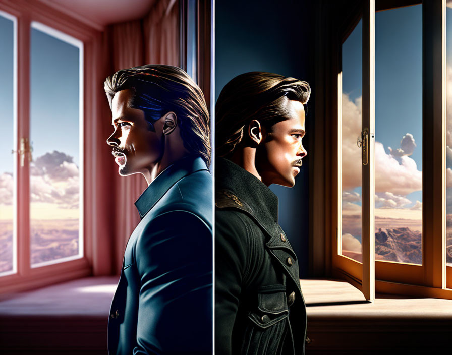 Stylized split image of man with daytime and nighttime backgrounds