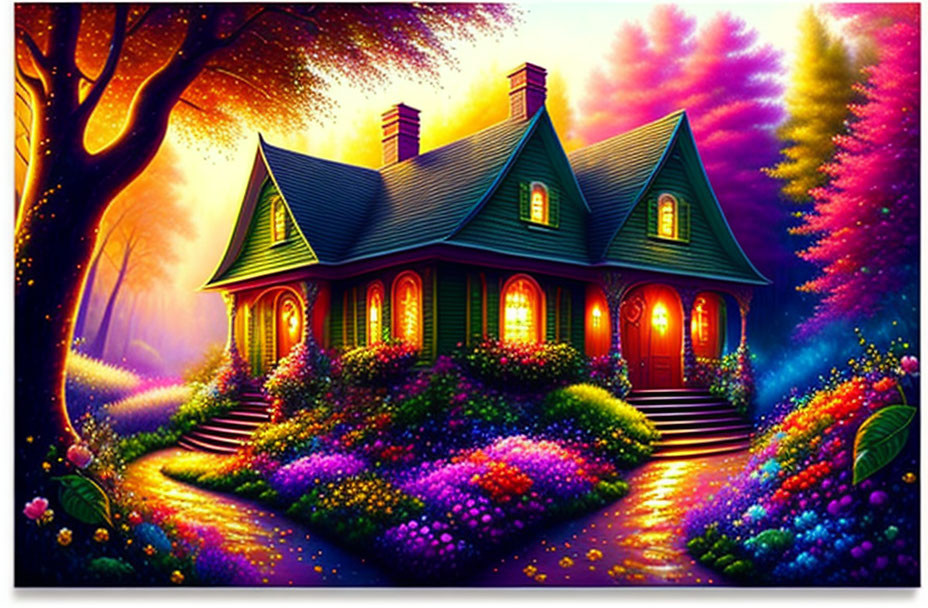 Charming cottage surrounded by colorful flowers under twilight sky