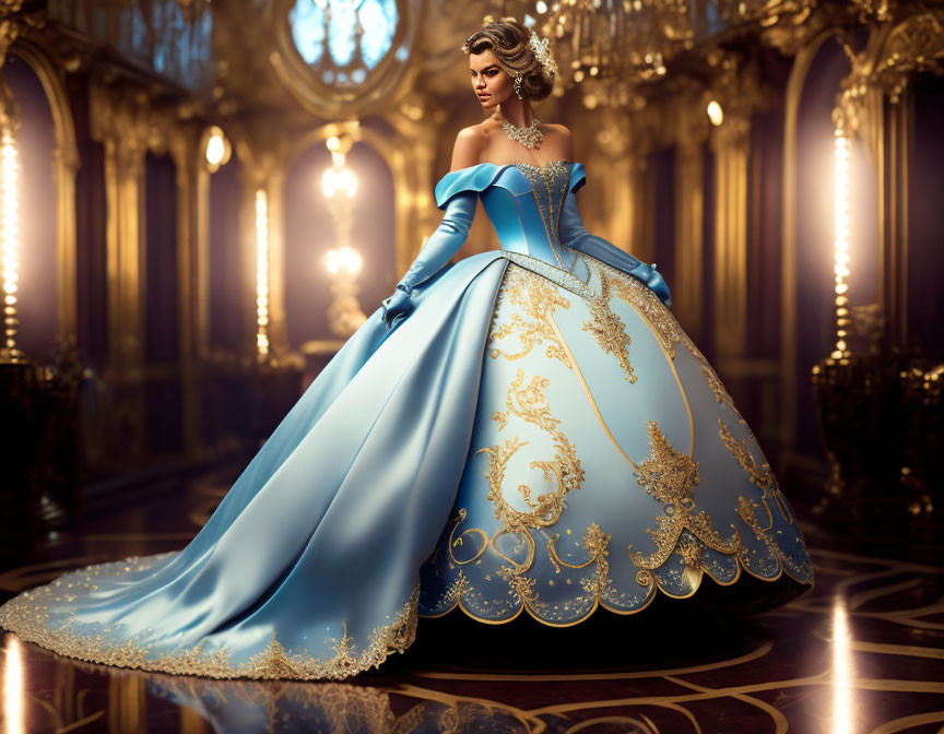 Luxurious Blue and Gold Ball Gown in Opulent Ballroom