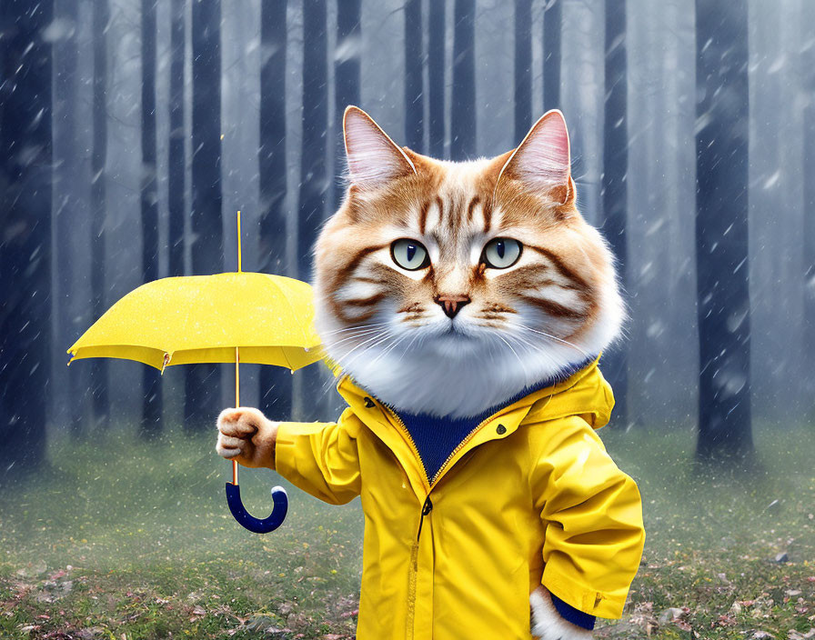 Cat with human body in yellow raincoat holding umbrella in snowy forest.