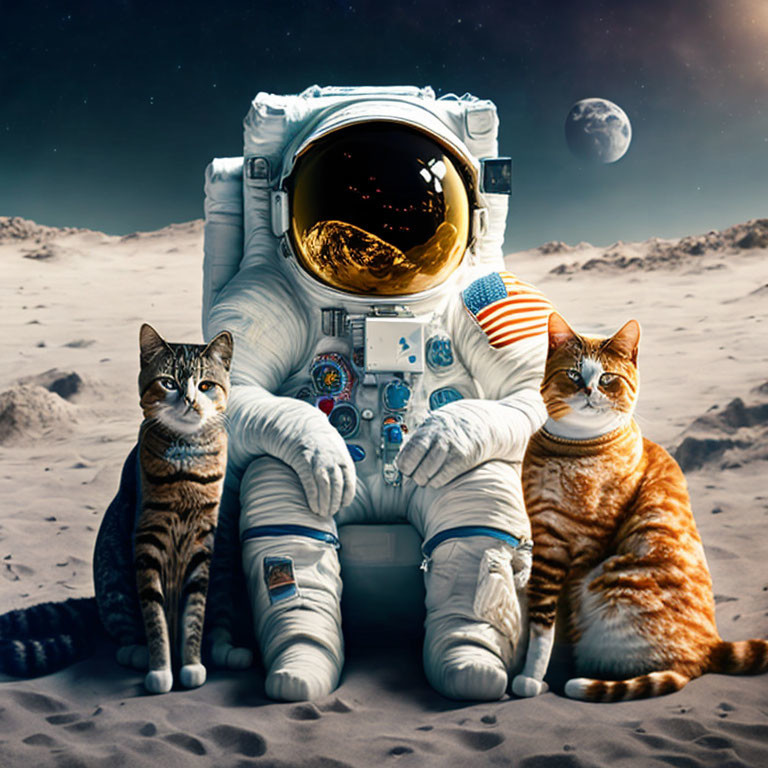 Astronaut with two cats on moon surface with Earth in background