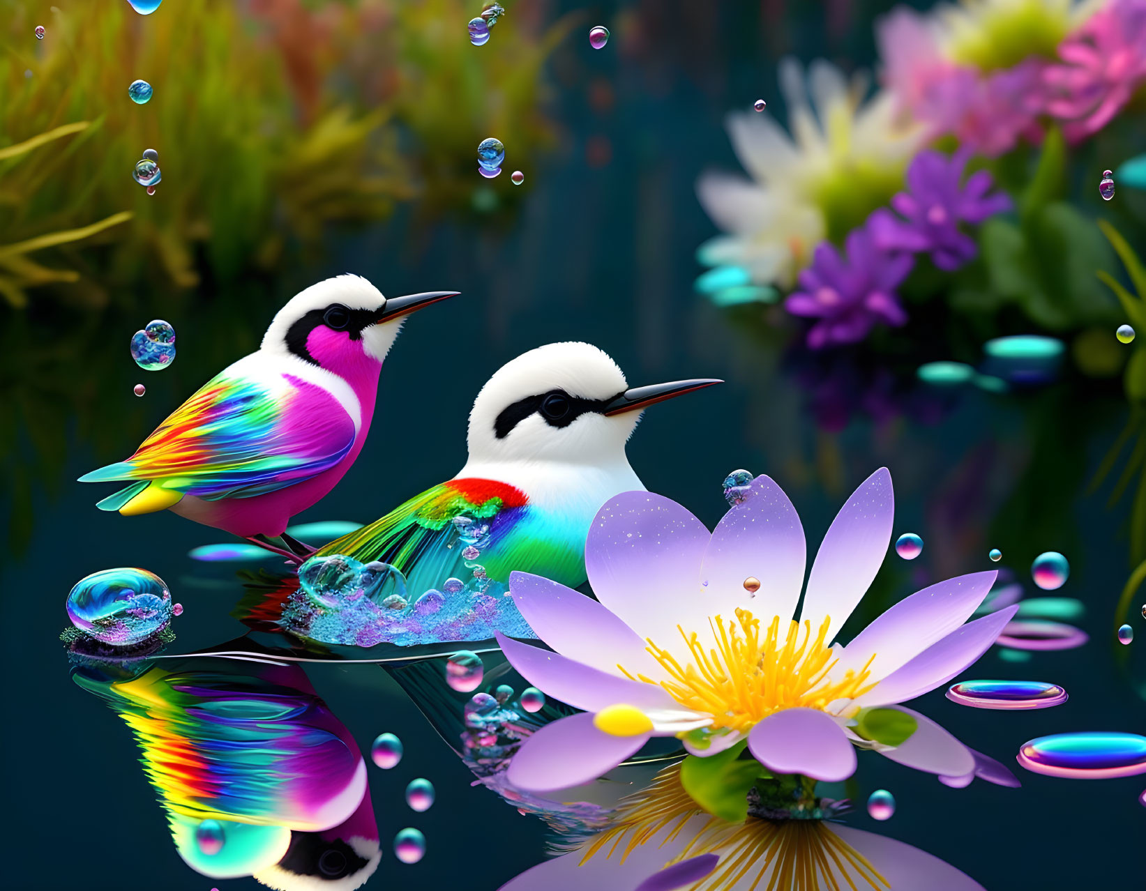 Colorful Birds by Water Lily with Bubbles and Foliage