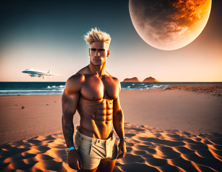 Muscular man on beach at sunset with moon, mountains, and plane