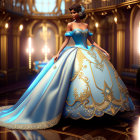 Luxurious Blue and Gold Ball Gown in Opulent Ballroom