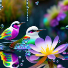 Colorful Birds by Water Lily with Bubbles and Foliage