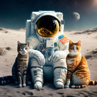 Astronaut with two cats on moon surface with Earth in background