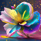 Colorful stylized flower painting on purple and pink background with gold speckles