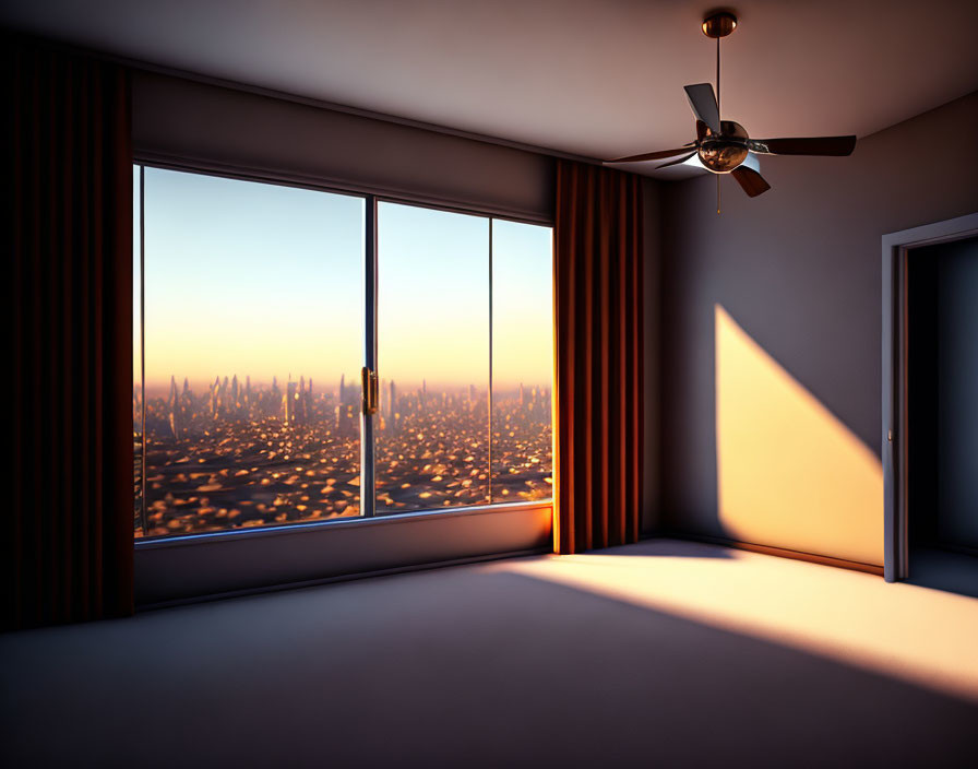 Sunrise bedroom with wide window, city skyline view, drawn curtains, and ceiling fan