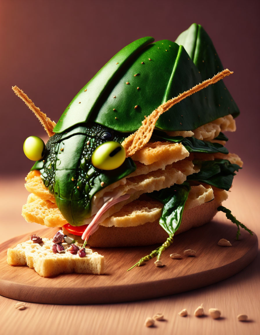 Green bun beetle-shaped food presentation with olive eyes and wing-like layers on wooden board